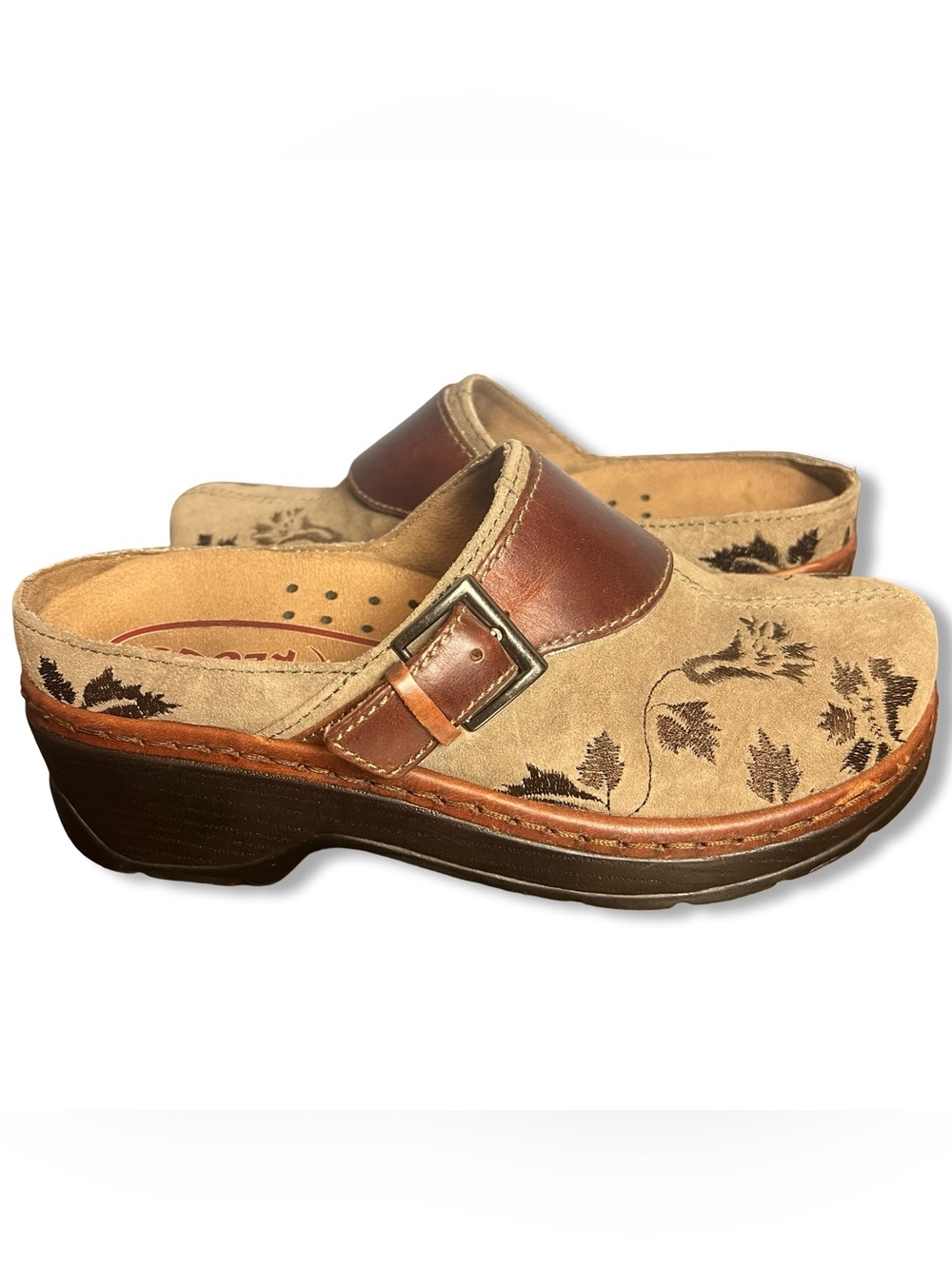 Klogs Austin Open-Back Suede Clog Brown Buckle Embroidered Sz. 8